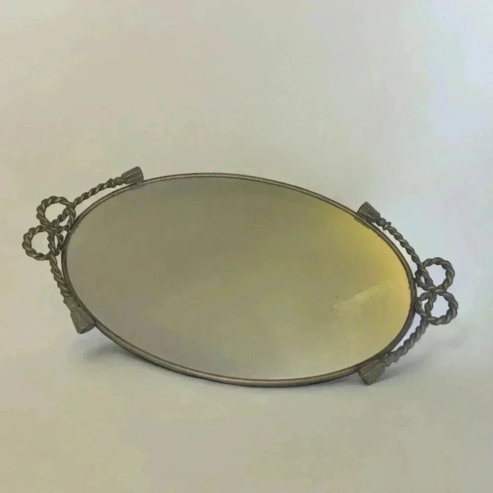 Antique Gold Ornate Vanity Tray with Tassel Bow Design